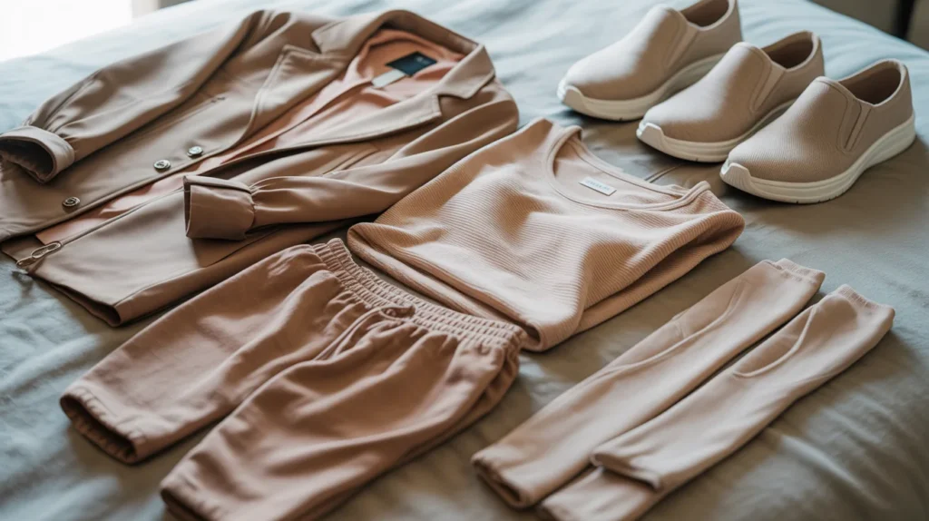 Stylish layered outfit for long flights with breathable fabrics and comfortable shoes