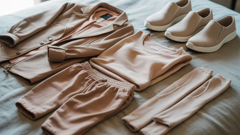 Stylish layered outfit for long flights with breathable fabrics and comfortable shoes
